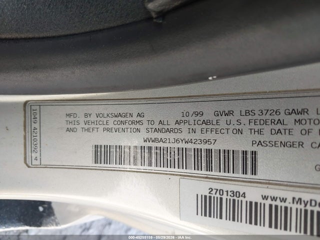 Продажа на аукционе авто 2000 Volkswagen Golf Gl, vin: WVWBA21J6YW423957, номер лота: 45255159