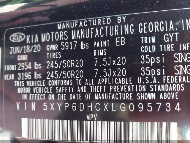 2020 Kia Telluride S მანქანა იყიდება აუქციონზე, vin: 5XYP6DHCXLG095734, აუქციონის ნომერი: 45255161
