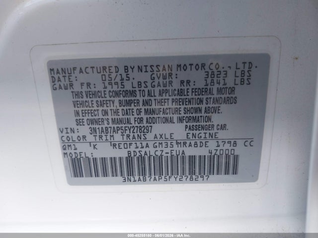2015 Nissan Sentra S მანქანა იყიდება აუქციონზე, vin: 3N1AB7AP5FY278297, აუქციონის ნომერი: 45255180