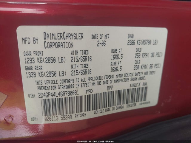 Продаж на аукціоні авто 2006 Dodge Grand Caravan Sxt, vin: 2D4GP44L46R780091, номер лоту: 45255181