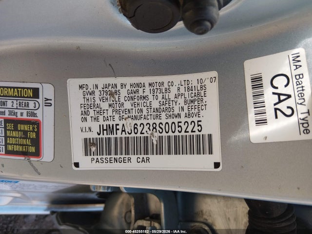 Aukcja sprzedaży 2008 Honda Civic Hybrid, vin: JHMFA36238S005225, numer aukcji: 45255182