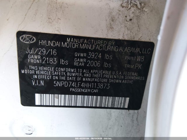 45255184 :رقم المزاد ، 5NPD74LF4HH113873 vin ، 2017 Hyundai Elantra Se مزاد بيع