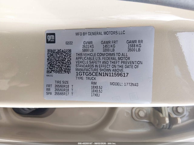 Продаж на аукціоні авто 2022 Gmc Canyon 2wd  Short Box Elevation, vin: 1GTG5CEN1N1159617, номер лоту: 45255187