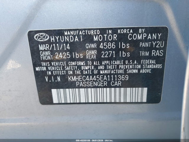Продаж на аукціоні авто 2014 Hyundai Sonata Hybrid Limited, vin: KMHEC4A45EA111369, номер лоту: 45255189