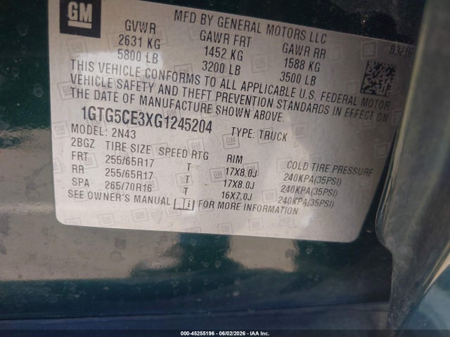 2016 Gmc Canyon Sle მანქანა იყიდება აუქციონზე, vin: 1GTG5CE3XG1245204, აუქციონის ნომერი: 45255196