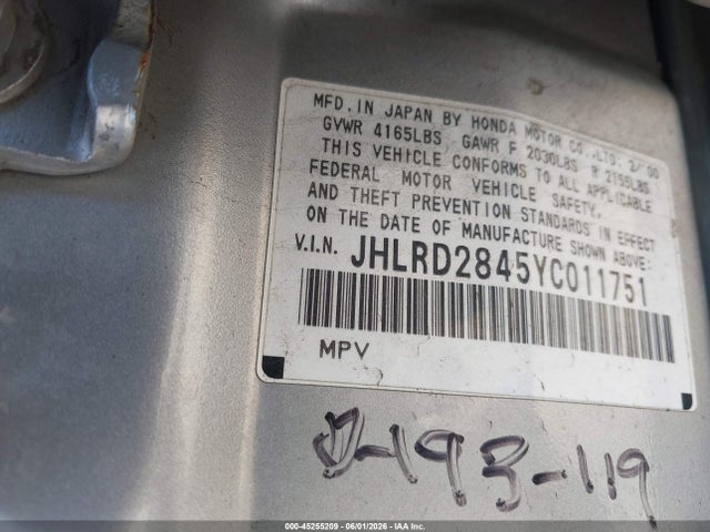 45255209 :رقم المزاد ، JHLRD2845YC011751 vin ، 2000 Honda Cr-v Lx مزاد بيع