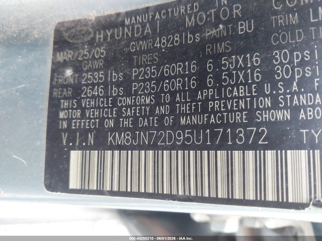 2005 Hyundai Tucson Gls/lx მანქანა იყიდება აუქციონზე, vin: KM8JN72D95U171372, აუქციონის ნომერი: 45255210
