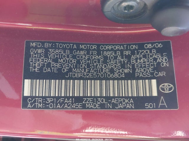 45255215 :رقم المزاد ، JTDBR32E570106804 vin ، 2007 Toyota Corolla Ce مزاد بيع