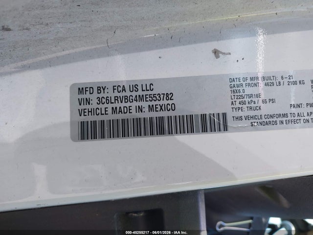45255217 :رقم المزاد ، 3C6LRVBG4ME553782 vin ، 2021 Ram Promaster 1500 High Roof 136 Wb مزاد بيع