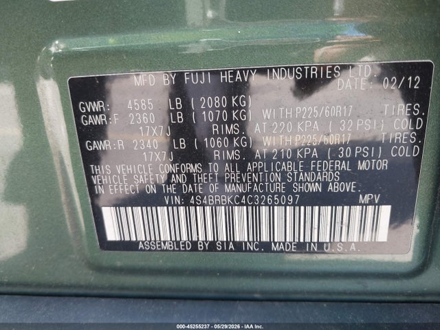 45255237 :رقم المزاد ، 4S4BRBKC4C3265097 vin ، 2012 Subaru Outback 2.5i Limited مزاد بيع
