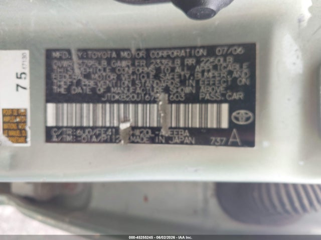 2006 Toyota Prius მანქანა იყიდება აუქციონზე, vin: JTDKB20U167521603, აუქციონის ნომერი: 45255245
