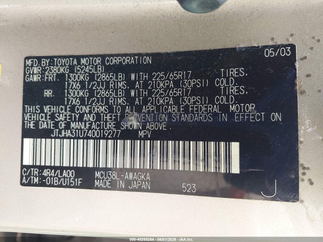 45255254 :رقم المزاد ، JTJHA31U740019277 vin ، 2004 Lexus Rx 330 مزاد بيع