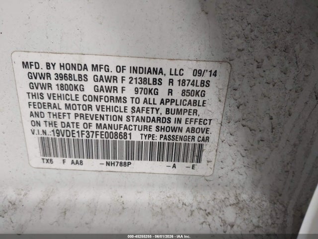 2015 Acura Ilx 2.0l მანქანა იყიდება აუქციონზე, vin: 19VDE1F37FE008681, აუქციონის ნომერი: 45255255