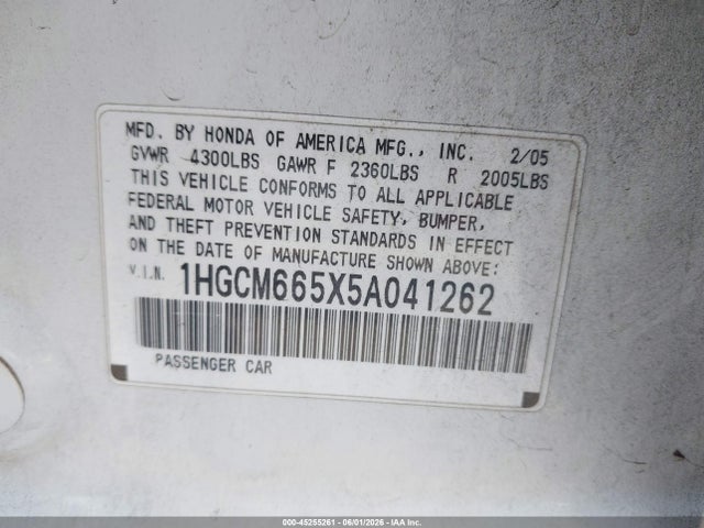 45255261 :رقم المزاد ، 1HGCM665X5A041262 vin ، 2005 Honda Accord 3.0 Ex مزاد بيع