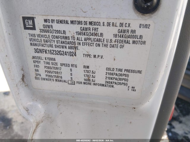Aukcja sprzedaży 2002 Chevrolet Suburban 1500 Z71, vin: 3GNFK16Z32G241024, numer aukcji: 45255262