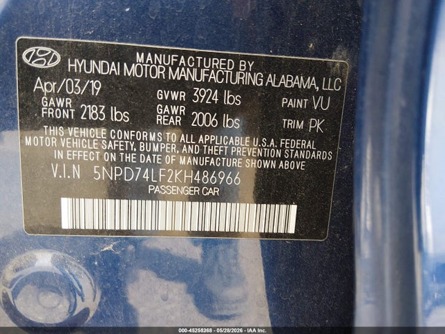 Aukcja sprzedaży 2019 Hyundai Elantra Se, vin: 5NPD74LF2KH486966, numer aukcji: 45255268