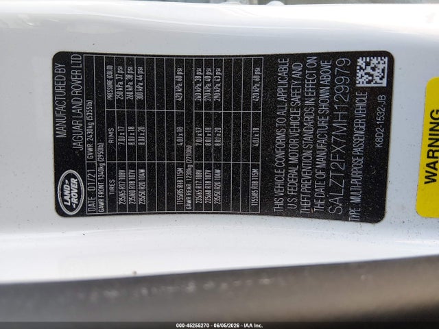45255270 :رقم المزاد ، SALZT2FX7MH129979 vin ، 2021 Land Rover Range Rover Evoque R-dynamic S مزاد بيع