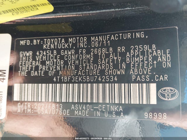Aukcja sprzedaży 2011 Toyota Camry Le, vin: 4T1BF3EK5BU742534, numer aukcji: 45255272