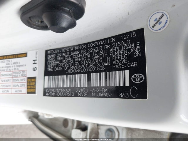 45255274 :رقم المزاد ، JTDKARFU0G3001808 vin ، 2016 Toyota Prius Four Touring مزاد بيع
