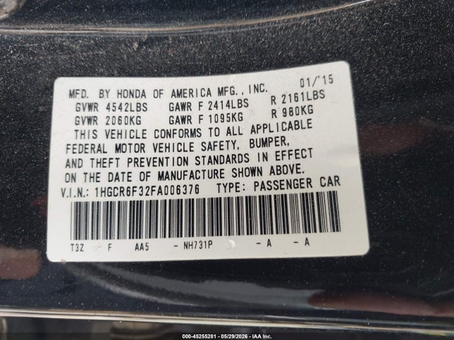 Продажа на аукционе авто 2015 Honda Accord Hybrid, vin: 1HGCR6F32FA006376, номер лота: 45255281