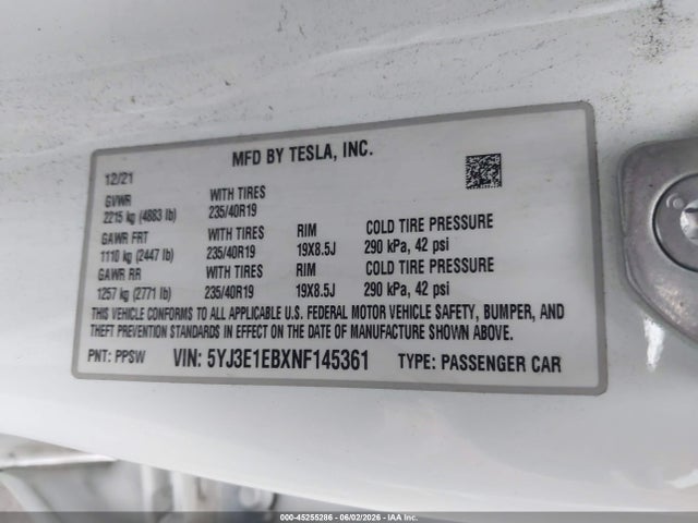 Tesla Model 3 Long Range Dual Motor All-wheel Drive 2022 5YJ3E1EBXNF145361 Image 9