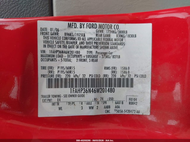Продажа на аукционе авто 2006 Ford Focus Zxw, vin: 1FAHP36N46W201480, номер лота: 45255295