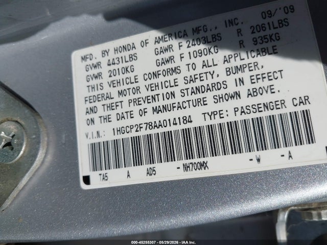 Aukcja sprzedaży 2010 Honda Accord 2.4 Ex, vin: 1HGCP2F78AA014184, numer aukcji: 45255307
