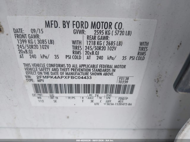Продаж на аукціоні авто 2015 Ford Edge Sport, vin: 2FMPK4APXFBC04433, номер лоту: 45255326