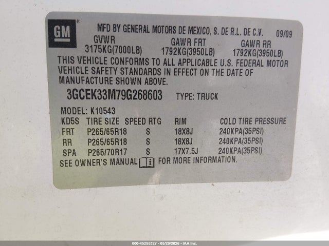 Продажа на аукционе авто 2009 Chevrolet Silverado 1500 Ltz, vin: 3GCEK33M79G268603, номер лота: 45255327