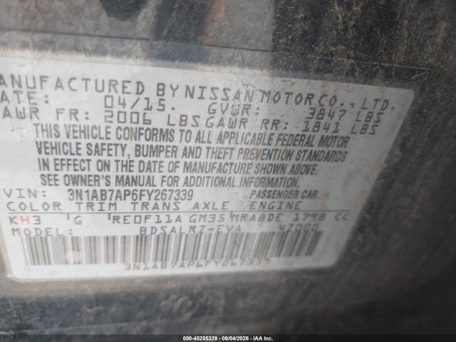 45255329 :رقم المزاد ، 3N1AB7AP6FY267339 vin ، 2015 Nissan Sentra Sr مزاد بيع