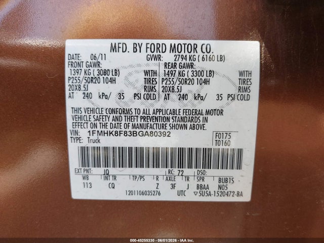 Aukcja sprzedaży 2011 Ford Explorer Limited, vin: 1FMHK8F83BGA80392, numer aukcji: 45255330