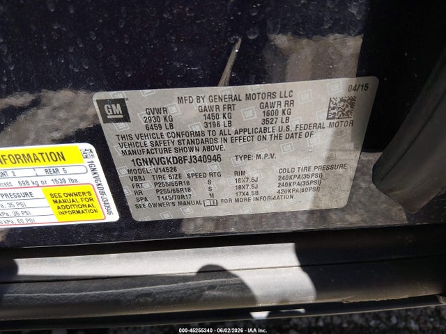 Aukcja sprzedaży 2015 Chevrolet Traverse 1lt, vin: 1GNKVGKD8FJ340946, numer aukcji: 45255340