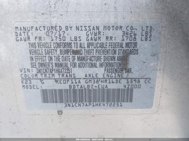 Продажа на аукционе авто 2017 Nissan Versa 1.6 Sv, vin: 3N1CN7AP1HK472251, номер лота: 45255343
