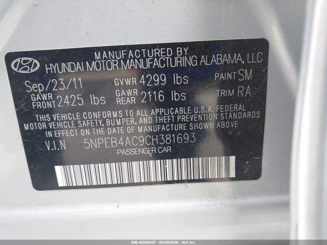 45255347 :رقم المزاد ، 5NPEB4AC9CH381693 vin ، 2012 Hyundai Sonata Gls مزاد بيع