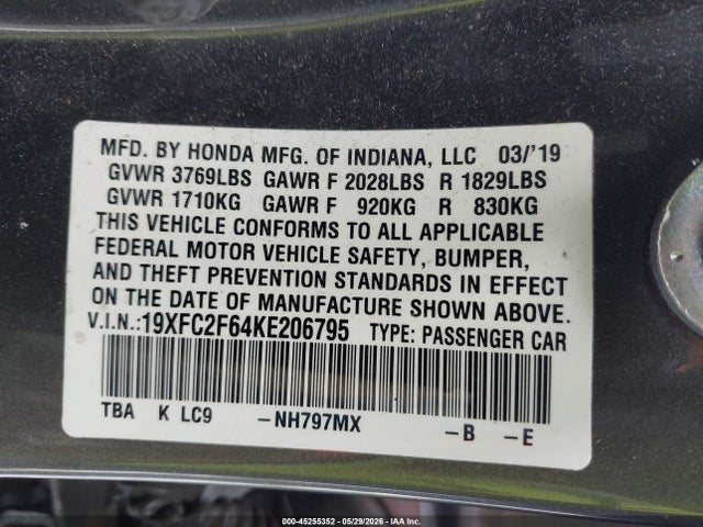 Honda Civic Lx 2019 19XFC2F64KE206795 Image 9