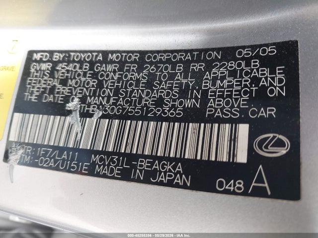 45255356 :رقم المزاد ، JTHBA30G755129365 vin ، 2005 Lexus Es 330 مزاد بيع
