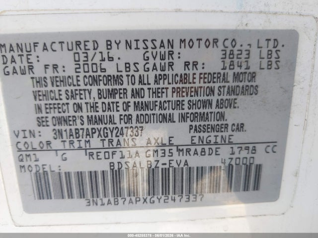 3N1AB7APXGY247337 Nissan Sentra Fe+ S/s/sl/sr/sv