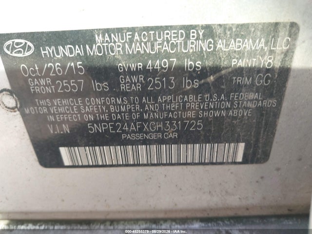Aukcja sprzedaży 2016 Hyundai Sonata Se, vin: 5NPE24AFXGH331725, numer aukcji: 45255379
