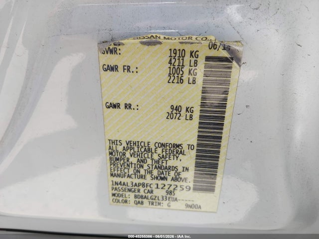 1N4AL3AP8FC127259 Nissan Altima 2.5/2.5 S/2.5 Sl/2.5 Sv