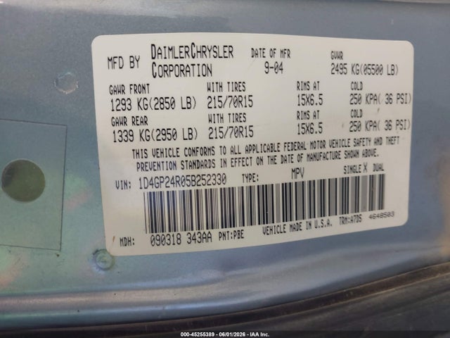 45255389 :رقم المزاد ، 1D4GP24R05B252330 vin ، 2005 Dodge Grand Caravan Se مزاد بيع
