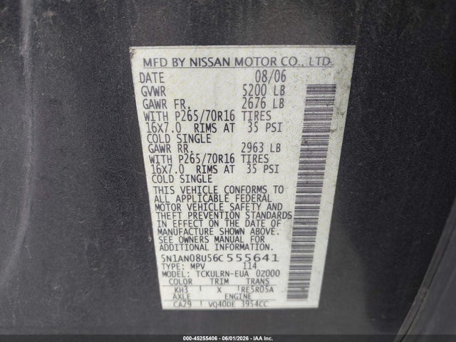 Продаж на аукціоні авто 2006 Nissan Xterra S, vin: 5N1AN08U56C555641, номер лоту: 45255406