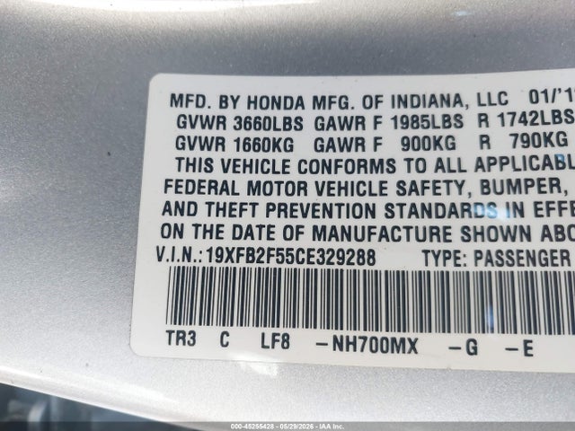 45255428 :رقم المزاد ، 19XFB2F55CE329288 vin ، 2012 Honda Civic Lx مزاد بيع