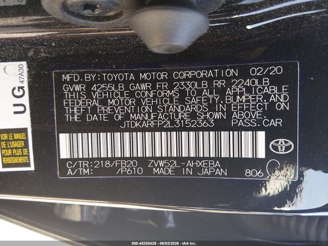 2020 Toyota Prius Prime Le მანქანა იყიდება აუქციონზე, vin: JTDKARFP2L3152363, აუქციონის ნომერი: 45255429