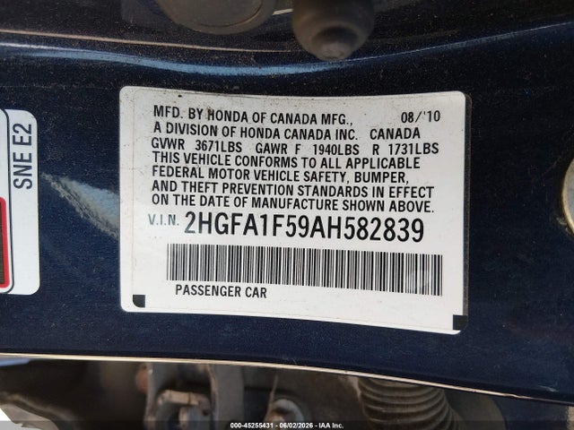 2010 Honda Civic Lx მანქანა იყიდება აუქციონზე, vin: 2HGFA1F59AH582839, აუქციონის ნომერი: 45255431