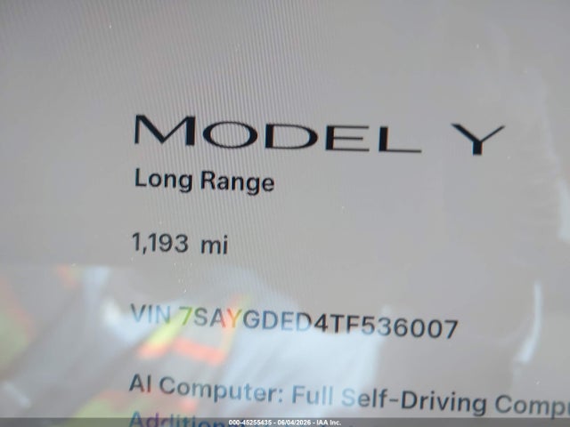 2026 Tesla Model Y Premium Rear-wheel Drive/rear-wheel Drive მანქანა იყიდება აუქციონზე, vin: 7SAYGDED4TF536007, აუქციონის ნომერი: 45255435