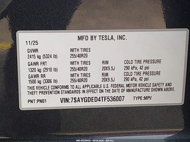 2026 Tesla Model Y Premium Rear-wheel Drive/rear-wheel Drive მანქანა იყიდება აუქციონზე, vin: 7SAYGDED4TF536007, აუქციონის ნომერი: 45255435