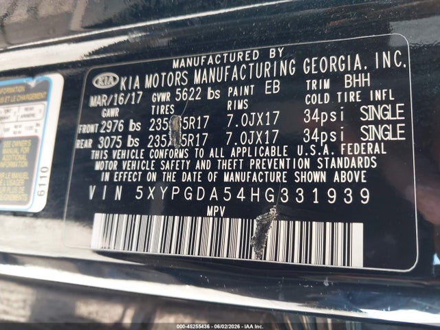 Aukcja sprzedaży 2017 Kia Sorento 3.3l Lx, vin: 5XYPGDA54HG331939, numer aukcji: 45255436