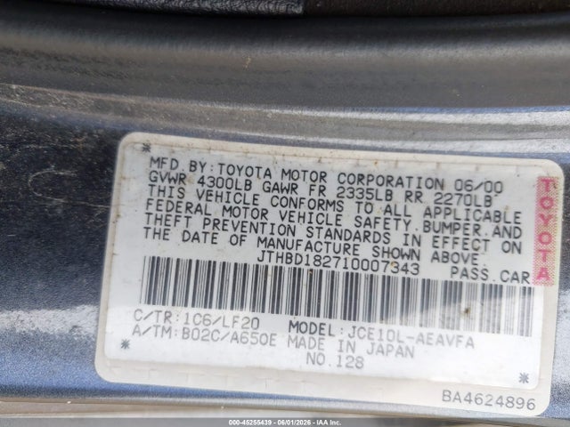 45255439 :رقم المزاد ، JTHBD182710007343 vin ، 2001 Lexus Is 300 مزاد بيع
