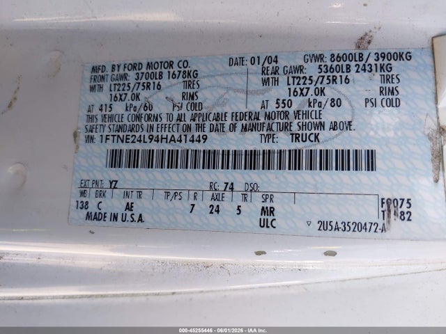 Продажа на аукционе авто 2004 Ford E-250 Commercial/recreational, vin: 1FTNE24L94HA41449, номер лота: 45255446