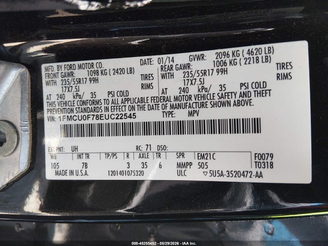 Aukcja sprzedaży 2014 Ford Escape S, vin: 1FMCU0F78EUC22545, numer aukcji: 45255452